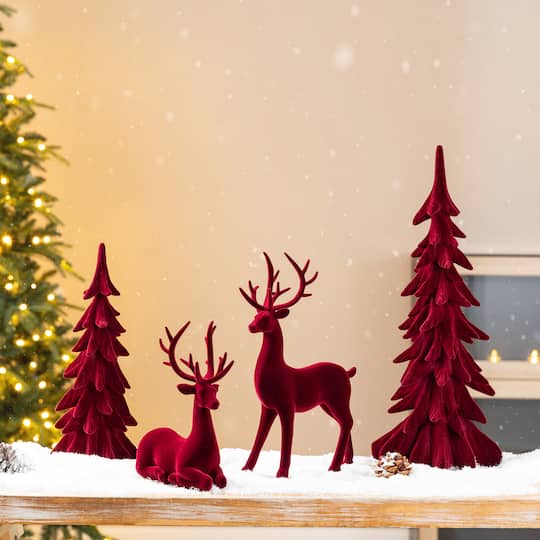 Glitzhome® Burgundy Flocked Reindeer with Tree Christmas Table Décor Set